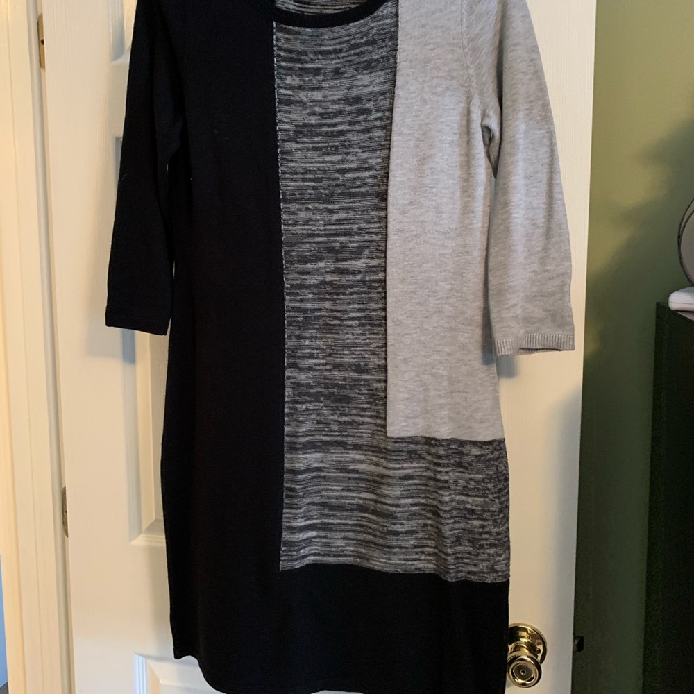 Ann Taylor Gray Black Colorblock Geometric Sweater Dress M